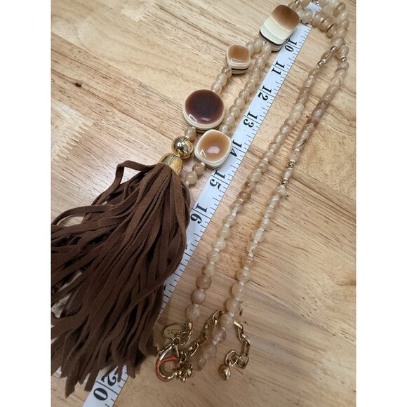Chicos Long Beaded Necklace W/ Leather Tassel & Gradient Brown Accents - Picture 12 of 16